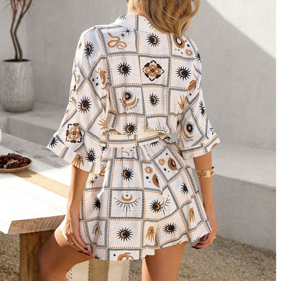 Boho Moon Celestial Print Button Belted Short Sleeve Romper - Picture 3 of 6